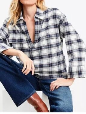 LOFT Plaid Flannel NWT V-Neck Pocket Popover Shirt M White Navy Brown Cotton
